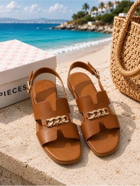 PIECES Women’s Brown Leather Sandals Gold Chain Ankle Strap EU 37